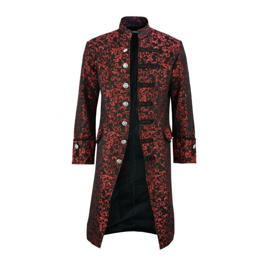 Renaissance Men's Red Brocade Goth Steampunk Victorian Velvet Frock Coat/USA