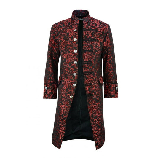 Renaissance Men's Red Brocade Goth Steampunk Victorian Velvet Frock Coat/USA