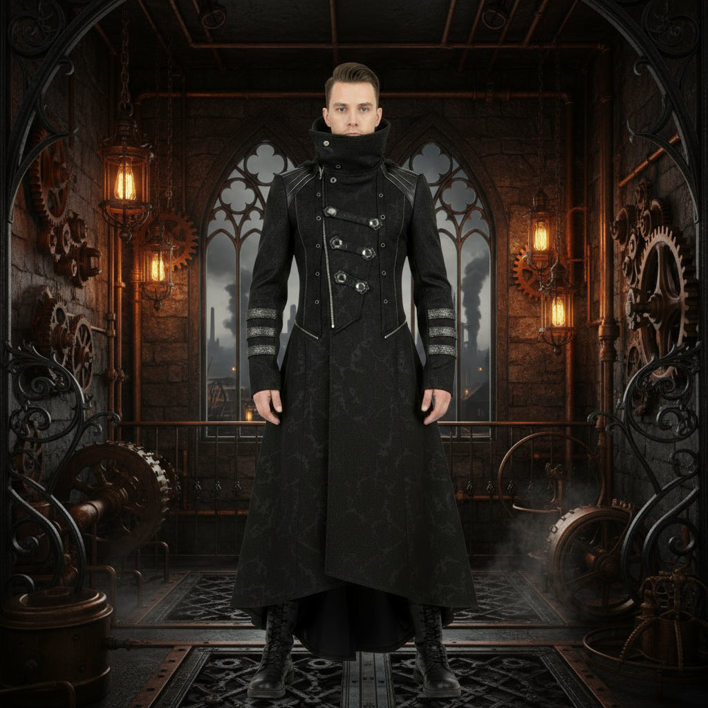 Scorpion Men's Hooded Trench Wax Coat Long Jacket Black Gothic Steampunk Long To Short Hooded Military Coat