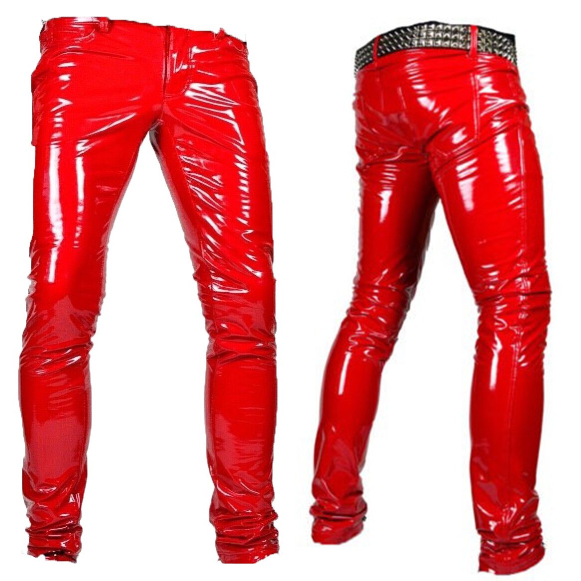 GOTHIC MEN RED BONE FIT PVC VINYL GLOSS FETISH ROCKER SKINNY JEANS PANTS