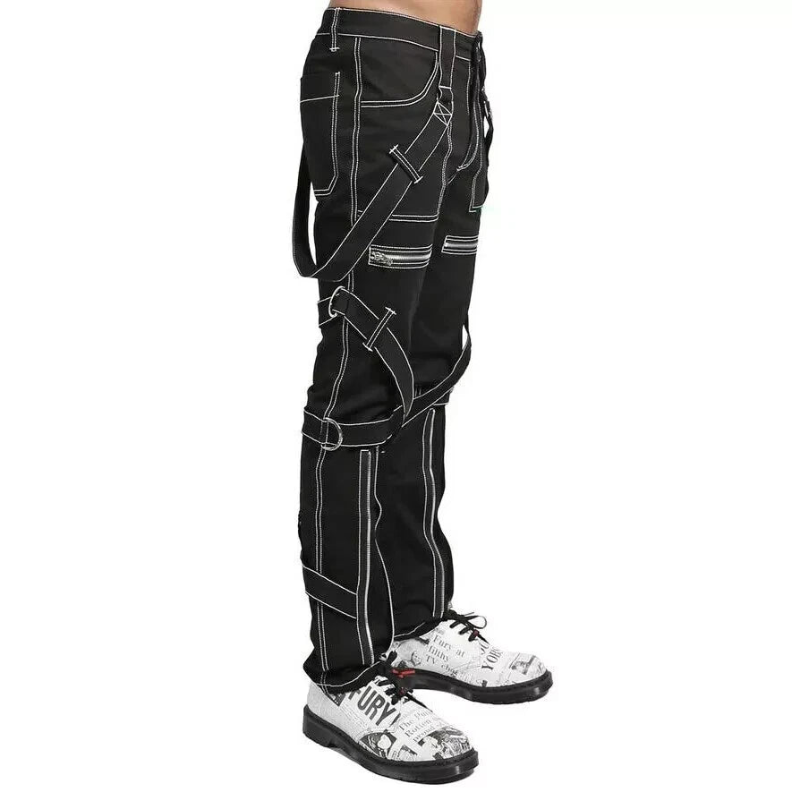 Prime Quality Gothic Straps Zipper Stitch Trousers Punk Rock Studs Metal Chain Trouser Pants/USA Sizes