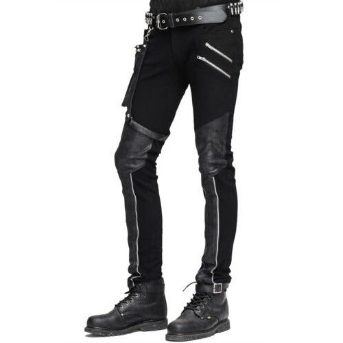 Devil Fashion Men Diesel punk Pants Jeans Black Gothic Punk Faux Leather Hip Bag