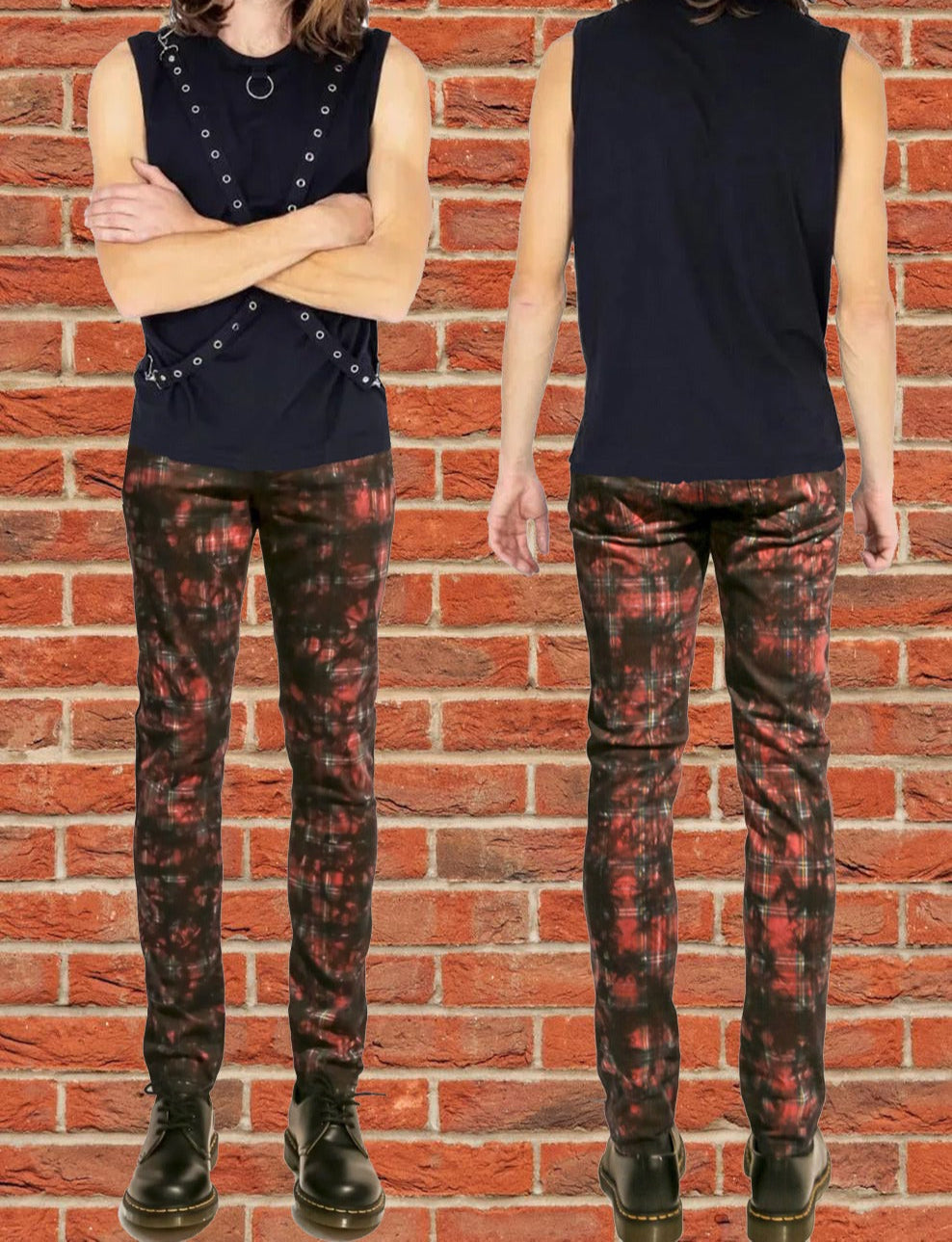 Gothic Red Tartan Plain Vintage Punk Buckle Zips Chain Strap Trousers Trip Pant