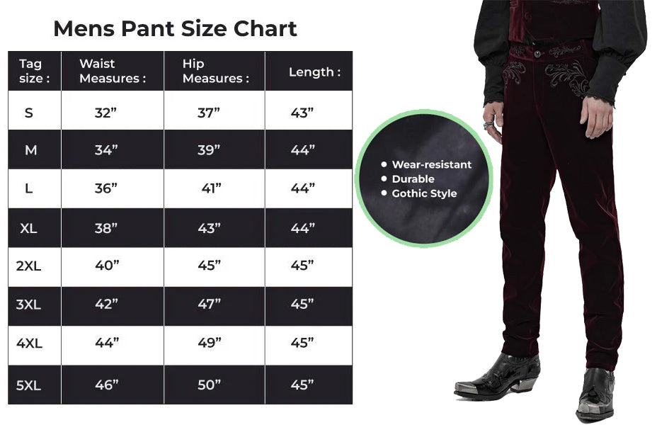 Men's Red Velvet Embroidery Gothic Regency Dress Pants /Velvet Pant