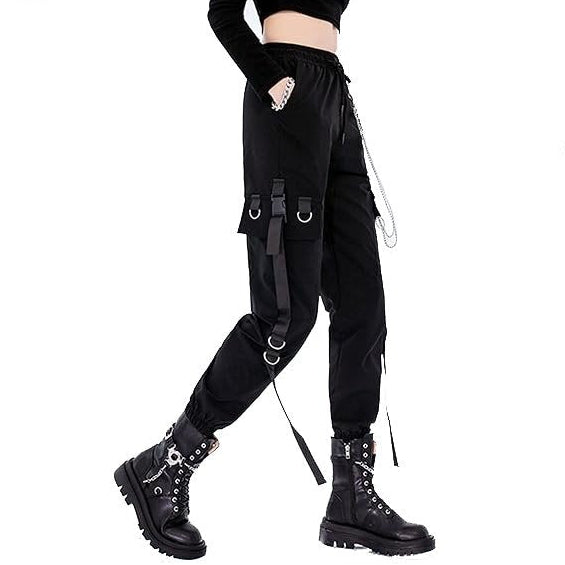 Women's Black Cargo Pants for Techwear Women Loose Street Rock Style Casual Black Pants with Chain Gothic Pants