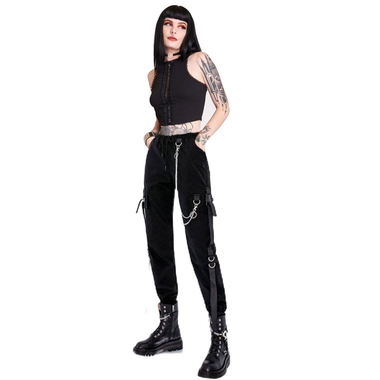 Women's Black Cargo Pants for Techwear Women Loose Street Rock Style Casual Black Pants with Chain Gothic Pants