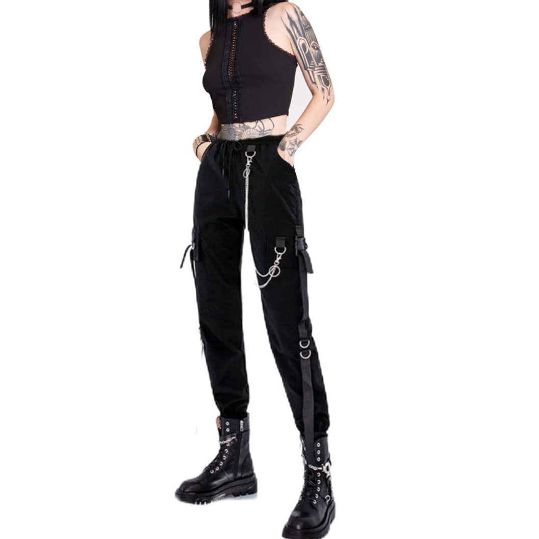 Women's Black Cargo Pants for Techwear Women Loose Street Rock Style Casual Black Pants with Chain Gothic Pants