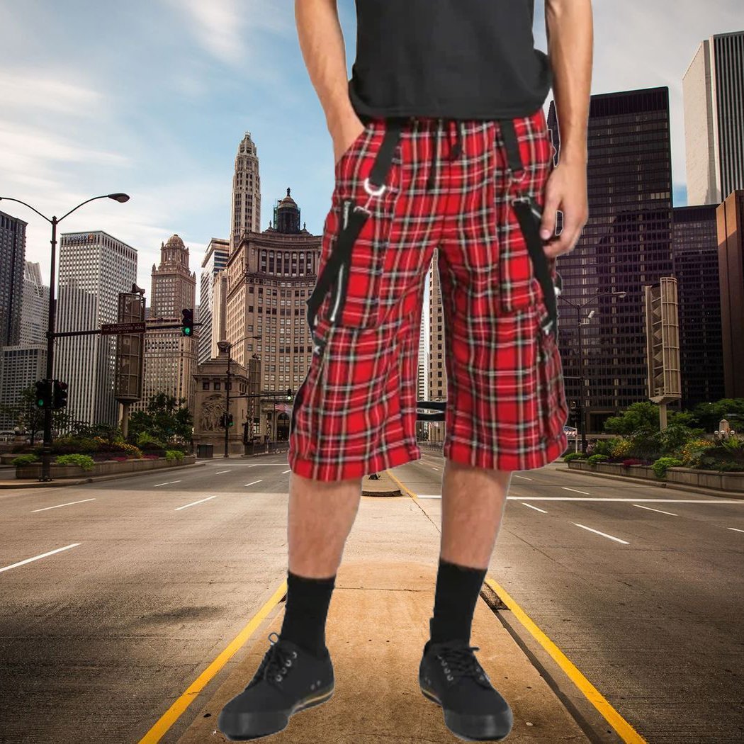 Gothic Bondage Red Plaid Men's Alternative Punk Rock Emo Shorts