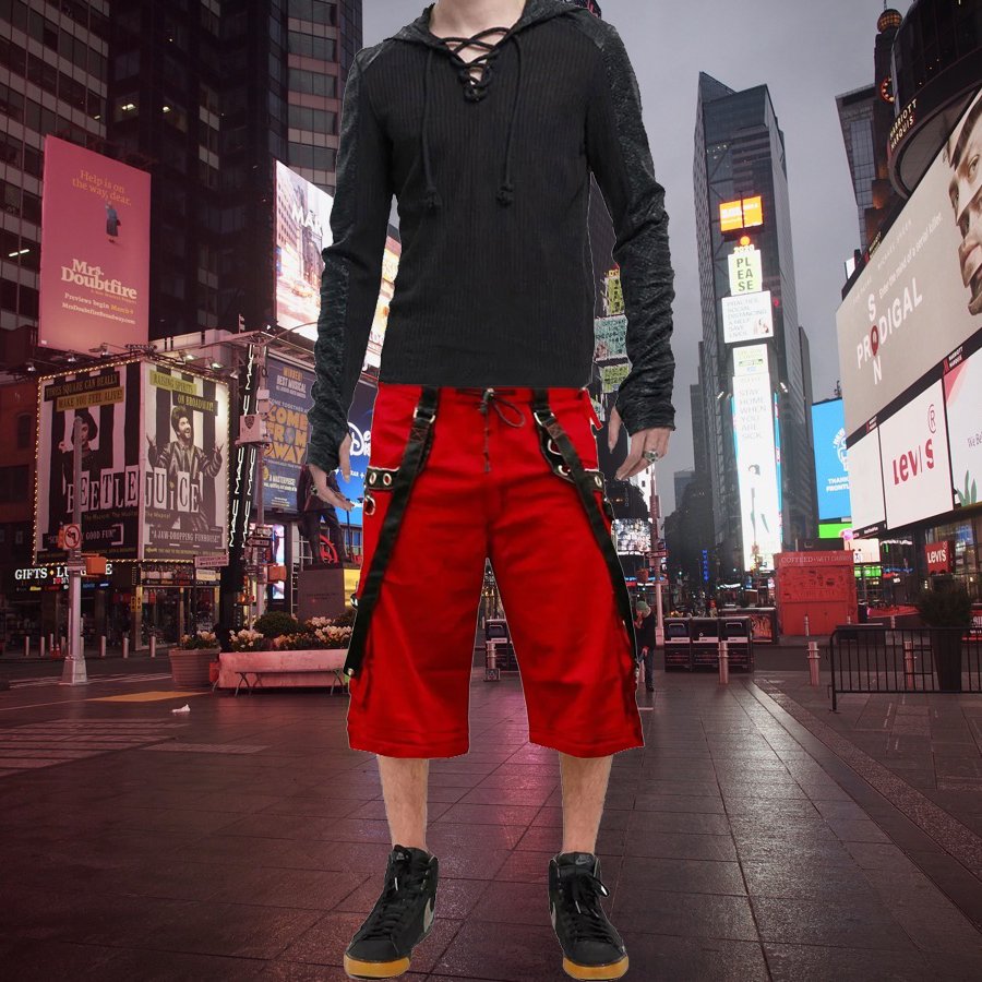 Gothic Men's Gothic Handmade Red Shorts Red Threads Black Straps Punk Rock Metal Chain Cyber/USA