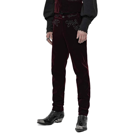 Men's Red Velvet Embroidery Gothic Regency Dress Pants /Velvet Pant
