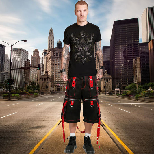 Gothic Mens X-Strap Zip Shorts Black Red
