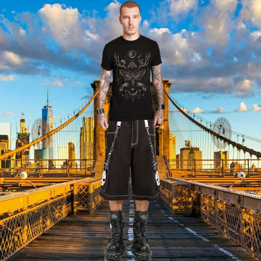 Gothic Bondage White Skull Shorts Black White Alternative Punk Rock Emo Shorts