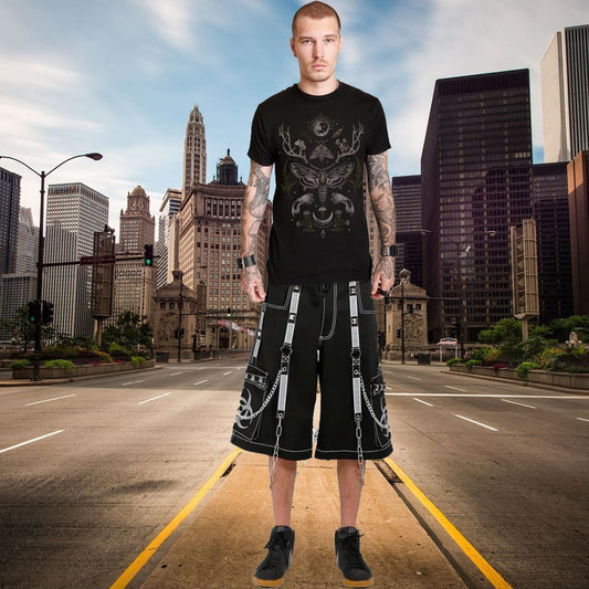 Prime Quality Mens Gothic Bondage Reflective Street Walker Short Alternative Punk Rock Emo Shorts
