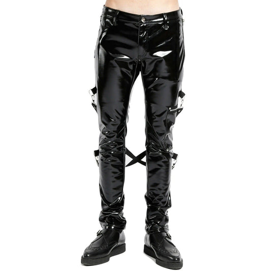 SKINNY JEANS BLACK GOTHIC SUPREME CHAOS VINYL PUNK REBEL PANTS WITH STRAP