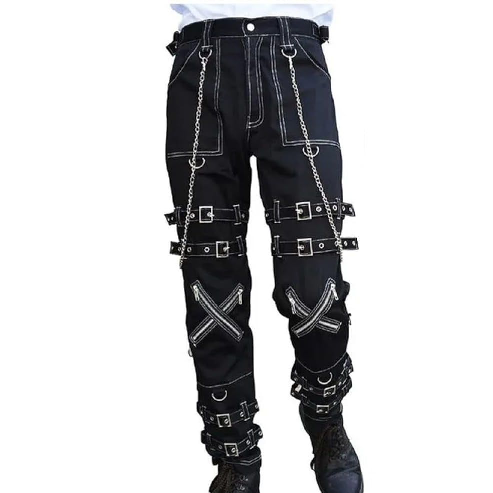 Prime Quality Handmade Gothic Pant White Threads Buckles Zips Chains Straps Cyber Punk Trousers Pants/USA