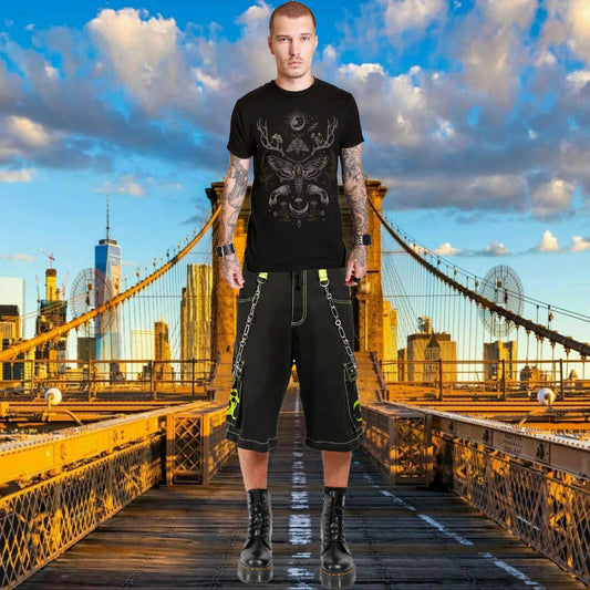 Gothic Bondage Biohazard Lime Skull Shorts Black Lime Alternative Punk Rock Emo Shorts