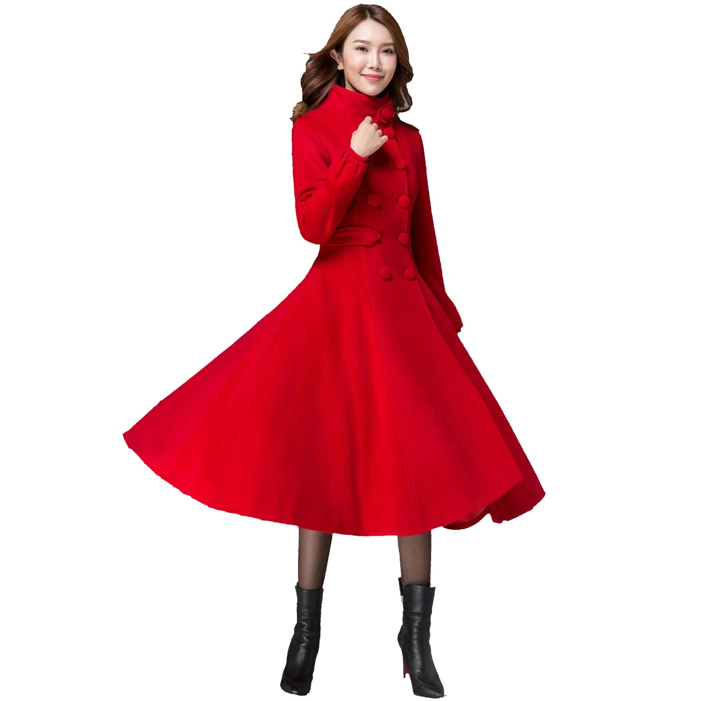 Women's Winter Warm Red Wool Long Fit And Flare Coat