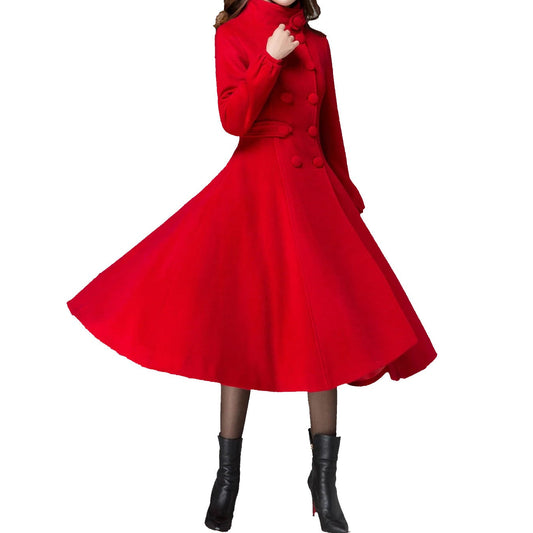 Women's Winter Warm Red Wool Long Fit And Flare Coat