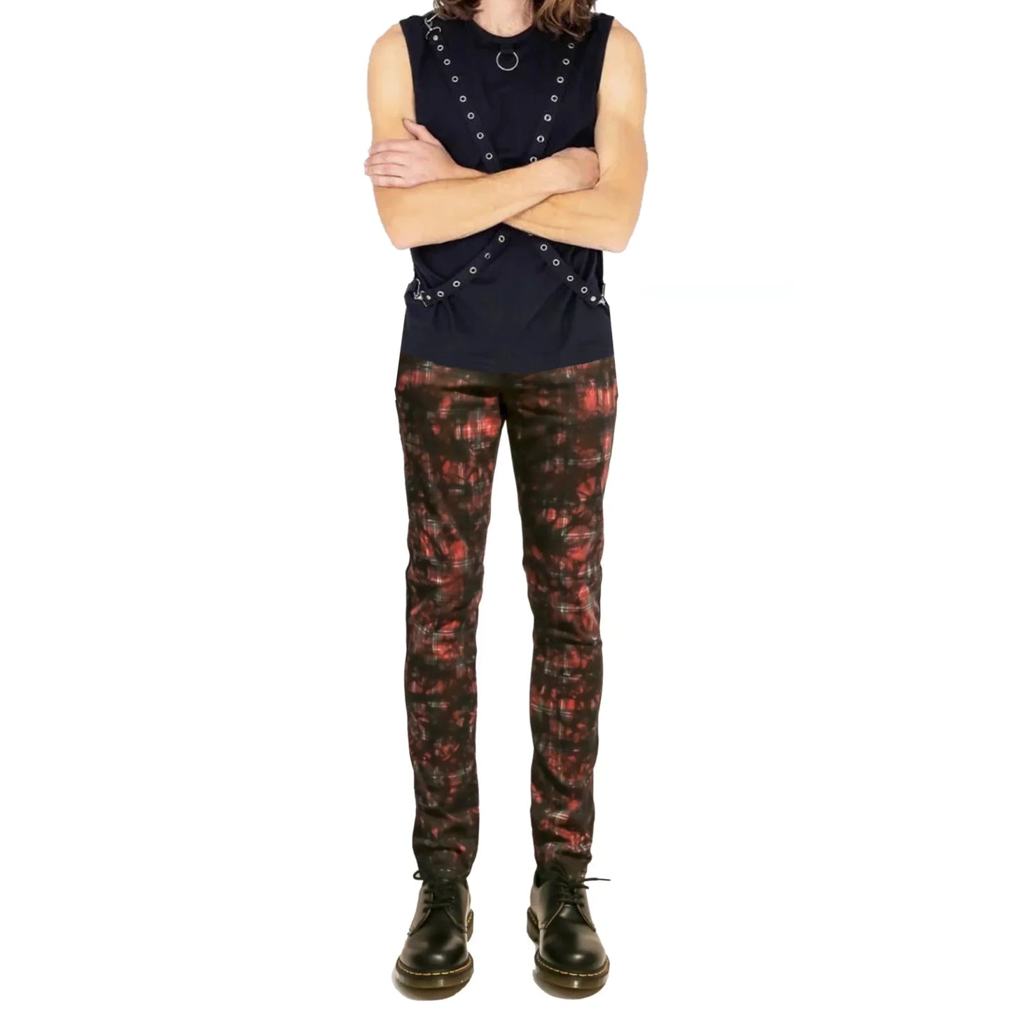 Gothic Red Tartan Plain Vintage Punk Buckle Zips Chain Strap Trousers Trip Pant