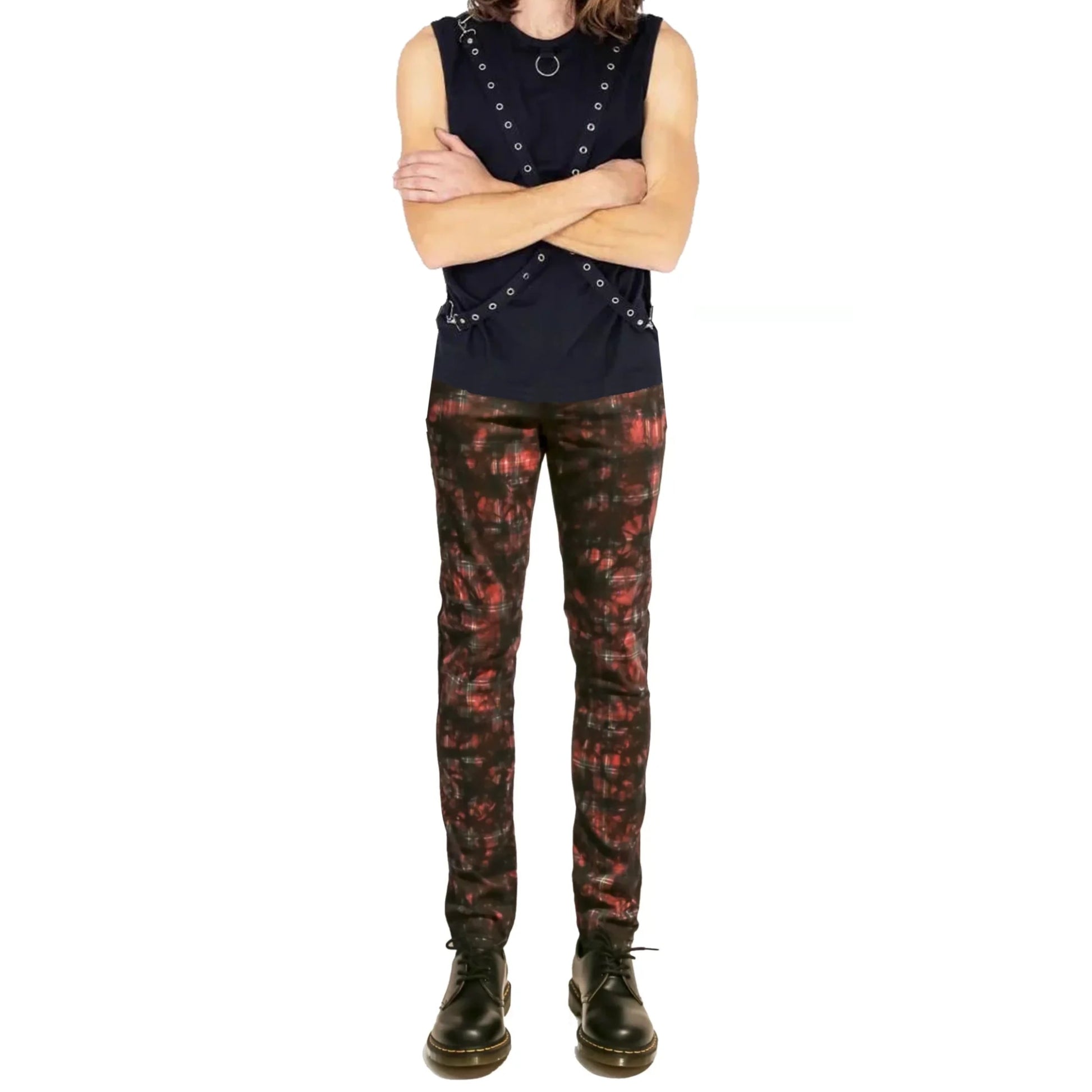 Gothic Red Tartan Plain Vintage Punk Buckle Zips Chain Strap Trousers Trip Pant