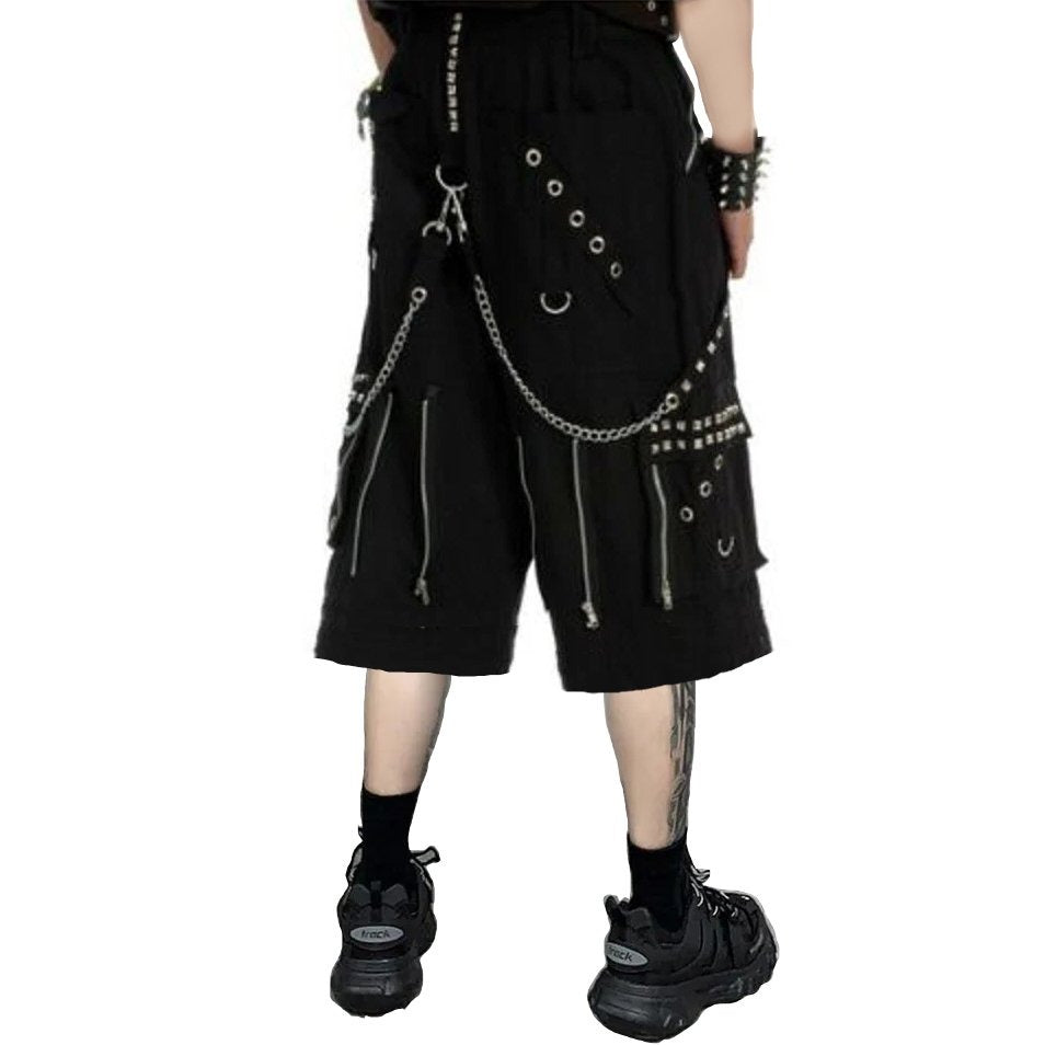 Gothic Mens Black Chrome Trousers Punk Rock Studs Metal Chain Shorts