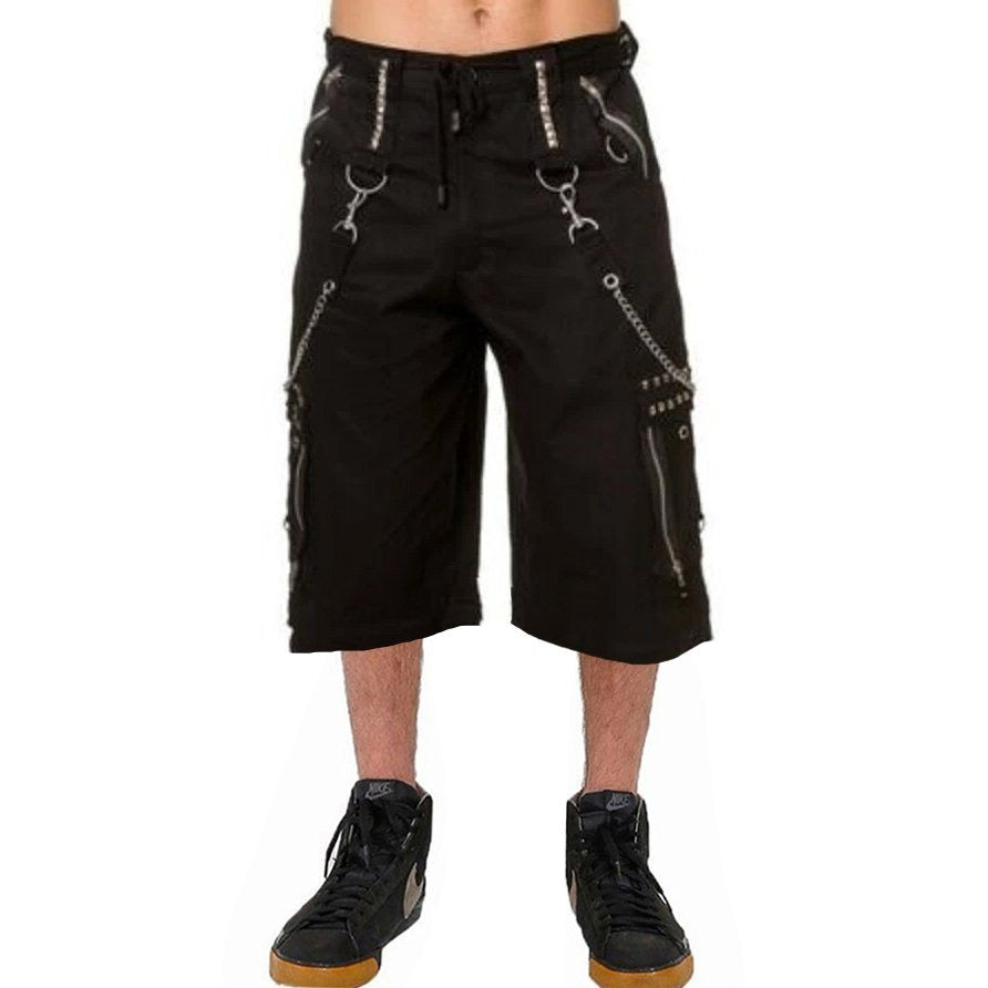 Gothic Mens Black Chrome Trousers Punk Rock Studs Metal Chain Shorts