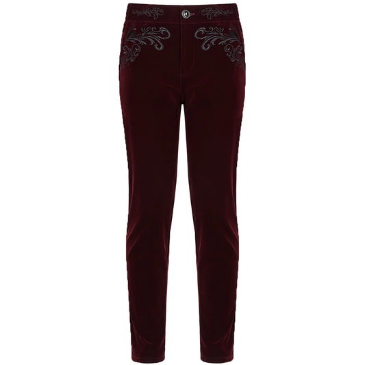 Men's Red Velvet Embroidery Gothic Regency Dress Pants /Velvet Pant