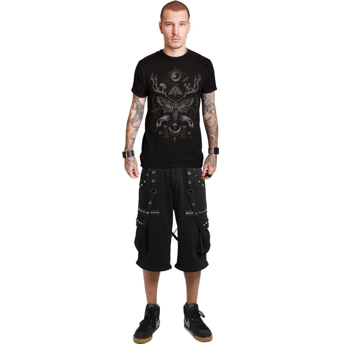 Men's Black Gothic Punk Shorts W/Straps Fleece Trip Shorts