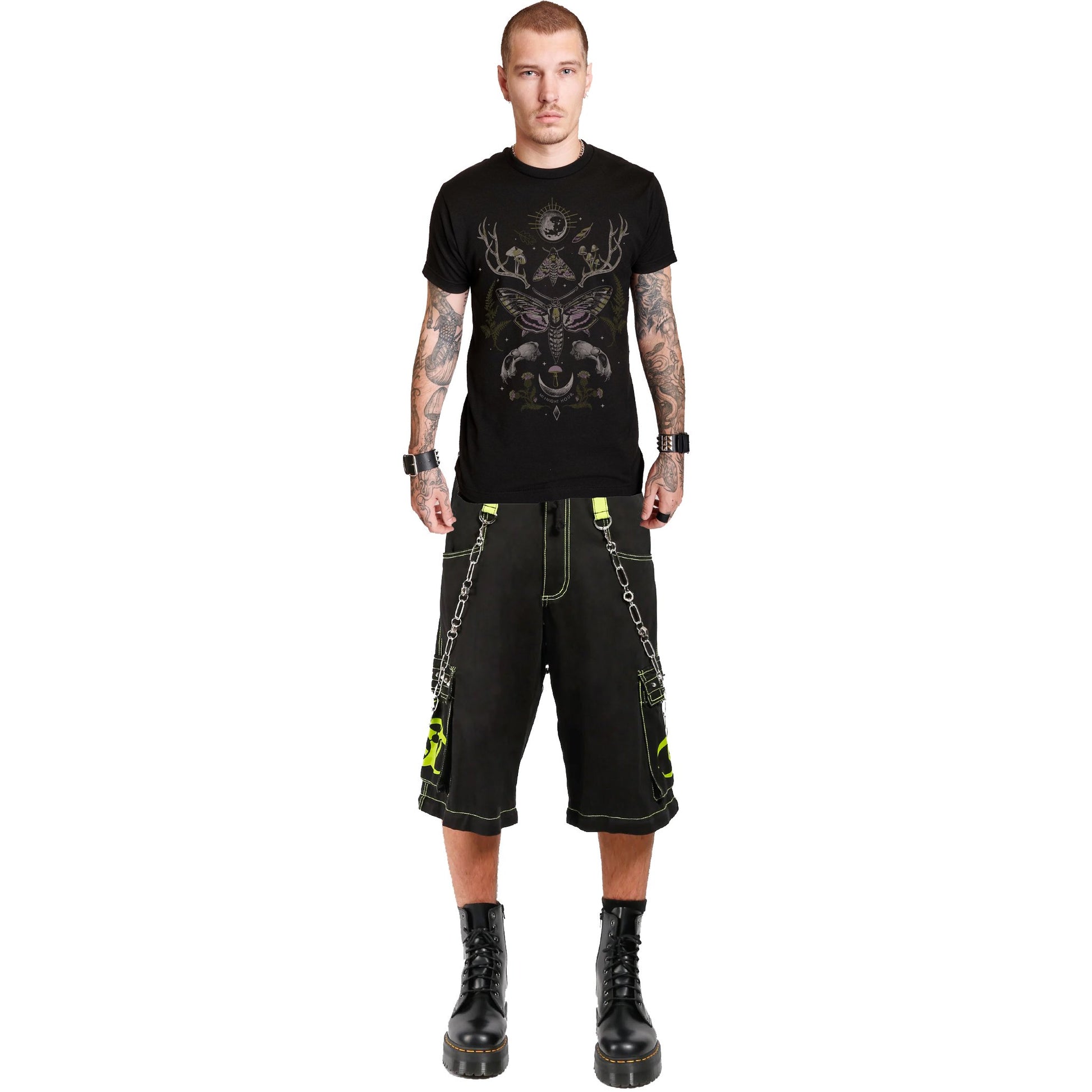 Gothic Bondage Biohazard Lime Skull Shorts Black Lime Alternative Punk Rock Emo Shorts