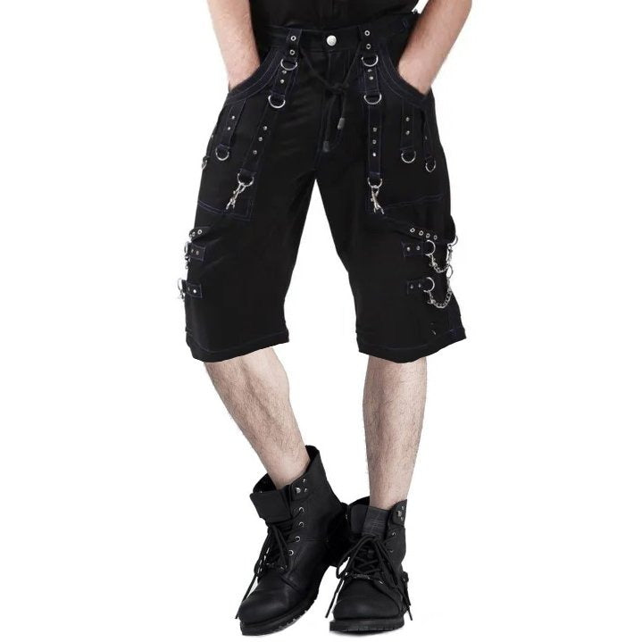 Men Handmade Gothic Bondage Trouser Blue Thread Cyber Punk Shorts Metal Studs Shorts Gothic