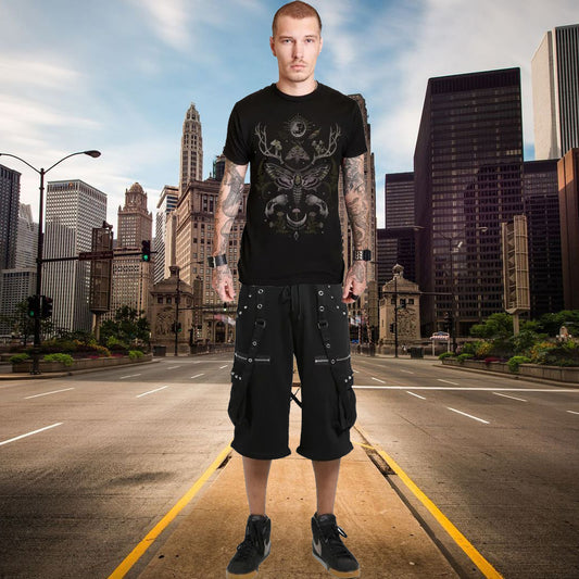 Men's Black Gothic Punk Shorts W/Straps Fleece Trip Shorts