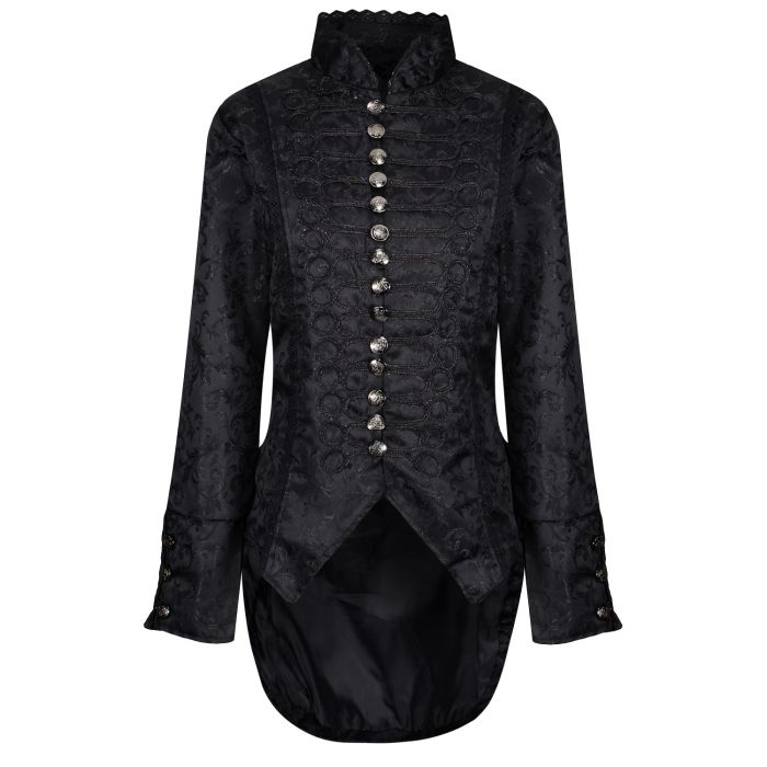 Women's Handmade Black Brocade Gothic Victorian Steampunk Gothic Long Coat/Black Coat