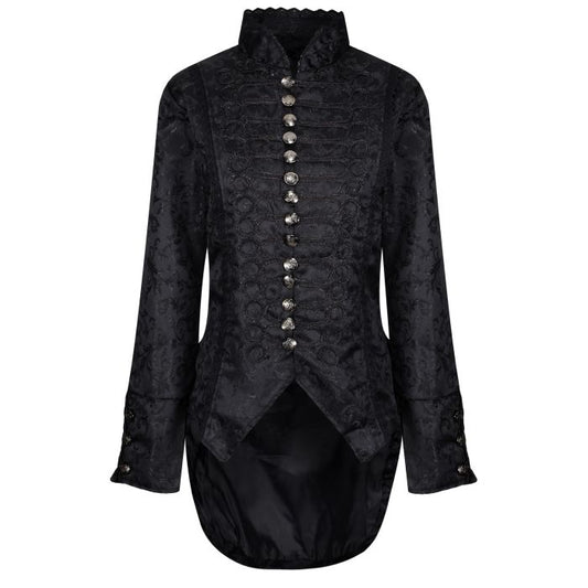 Women's Handmade Black Brocade Gothic Victorian Steampunk Gothic Long Coat/Black Coat