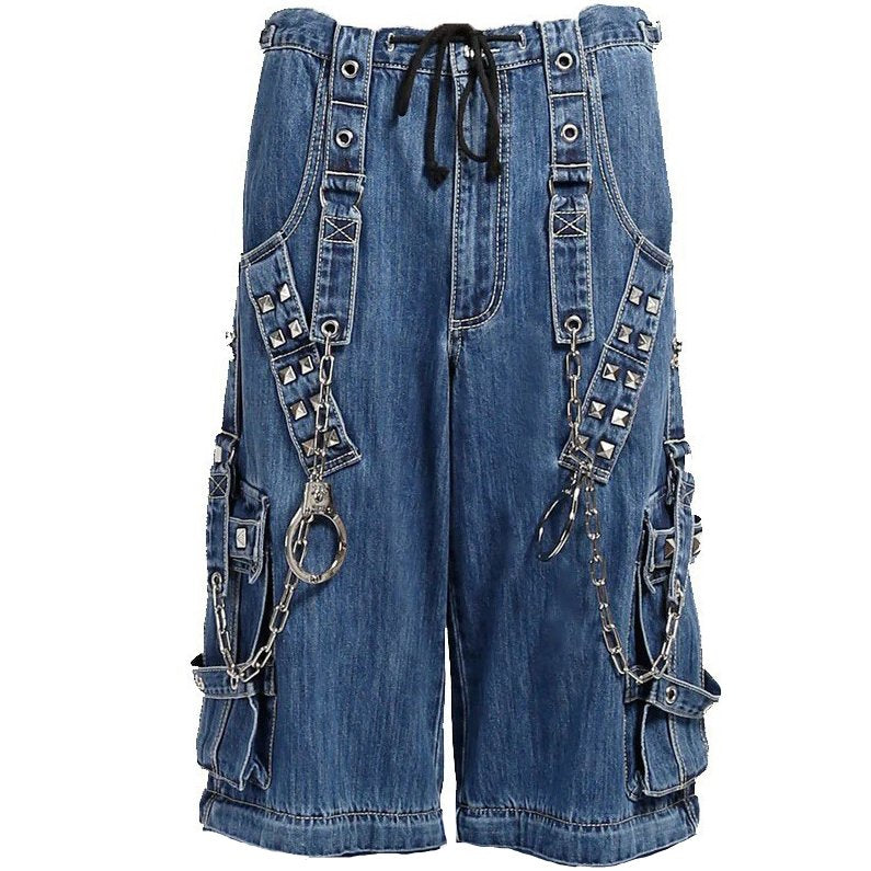 Extreme Bondage Light Blue Denim Shorts Skater Gothic Punk Rocker Cyber Biker Blue Dagger Shorts Handcuff