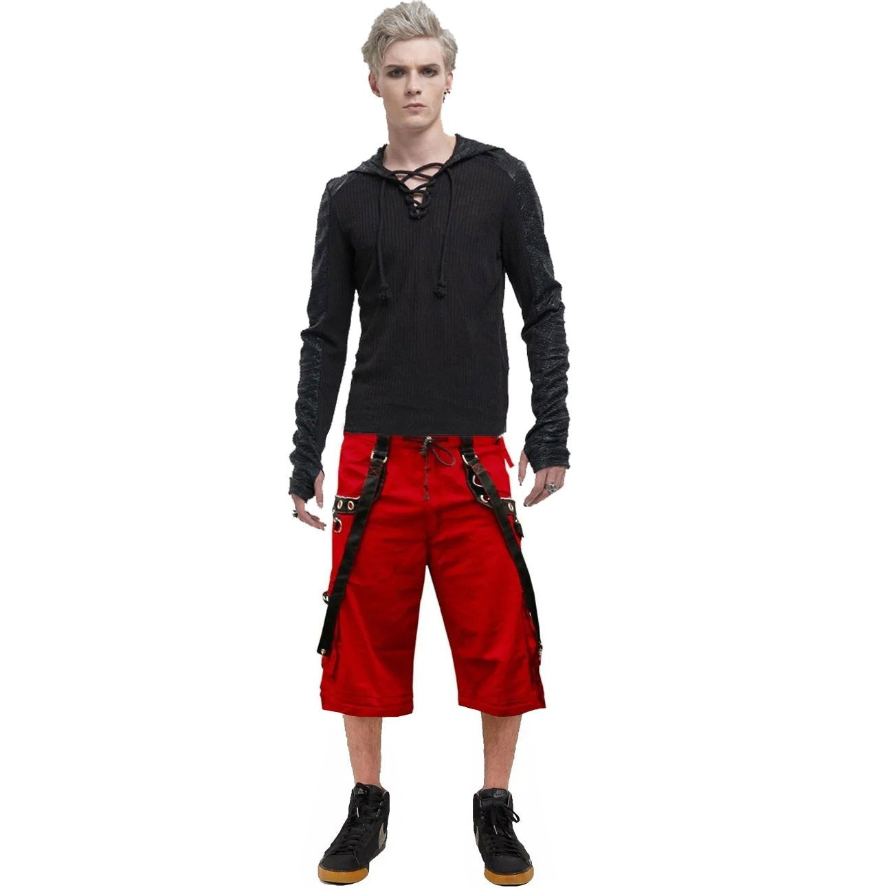 Gothic Men's Gothic Handmade Red Shorts Red Threads Black Straps Punk Rock Metal Chain Cyber/USA