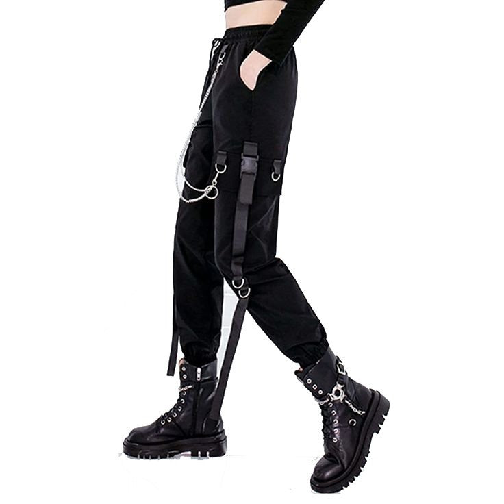 Women's Black Cargo Pants for Techwear Women Loose Street Rock Style Casual Black Pants with Chain Gothic Pants