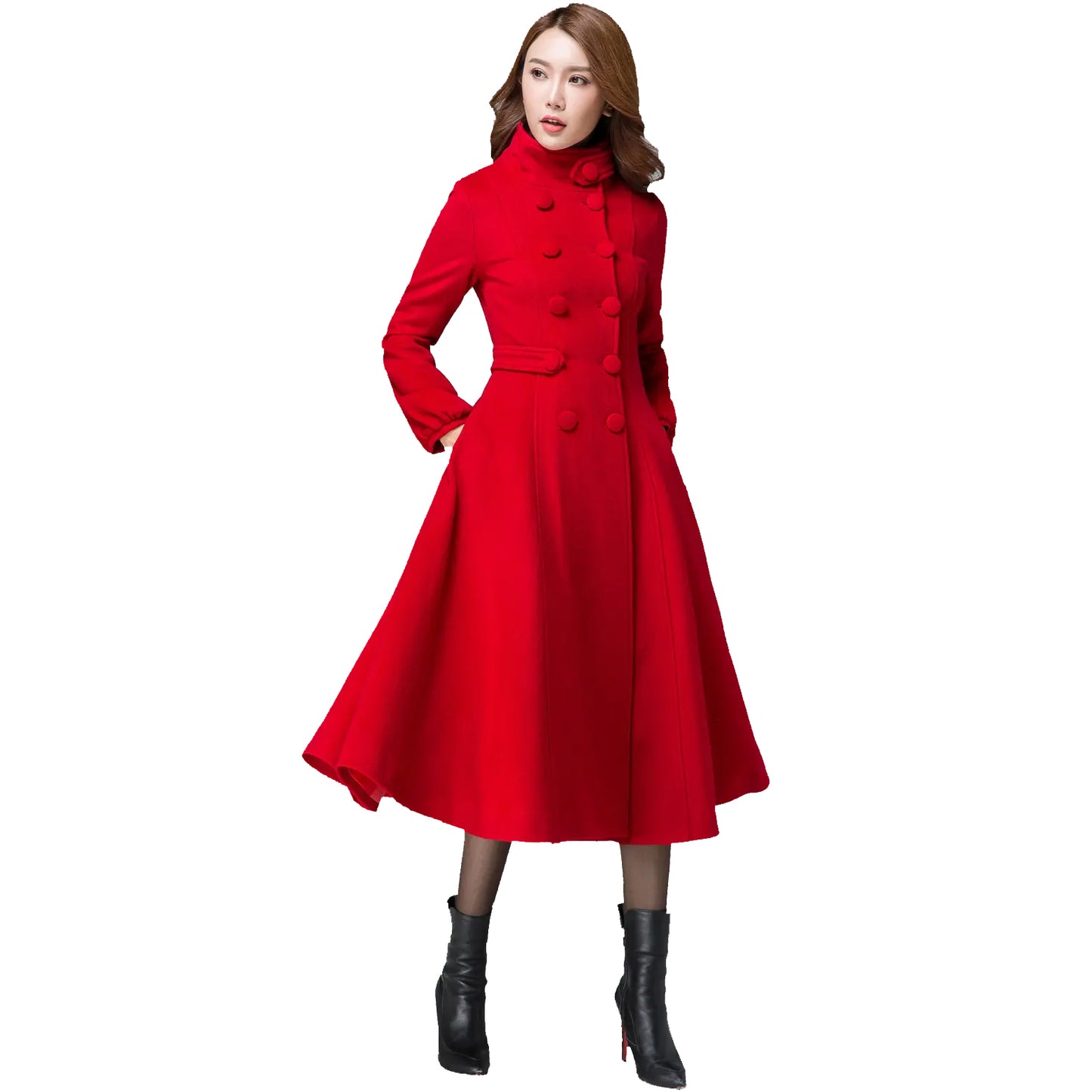 Women's Winter Warm Red Wool Long Fit And Flare Coat