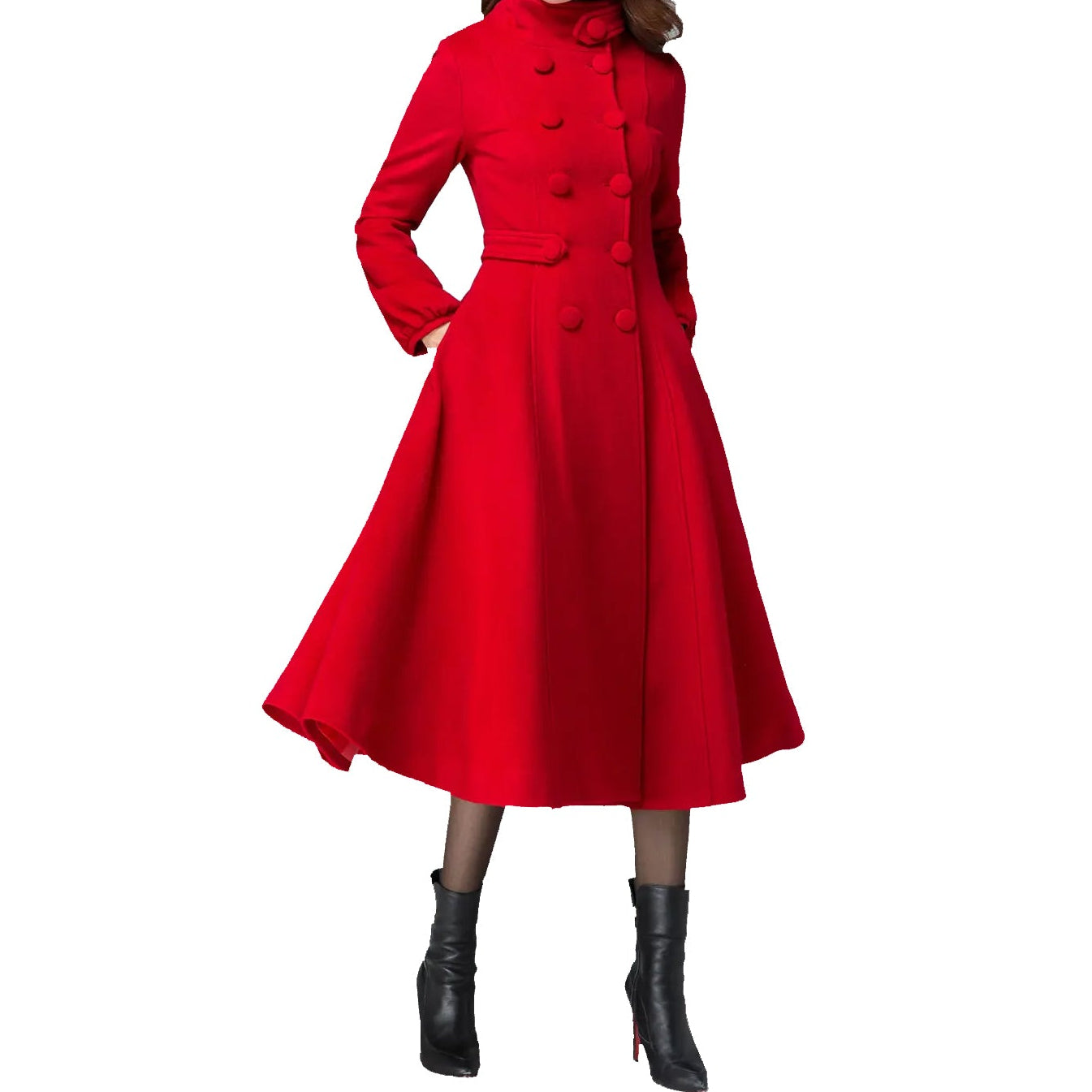 Women's Winter Warm Red Wool Long Fit And Flare Coat