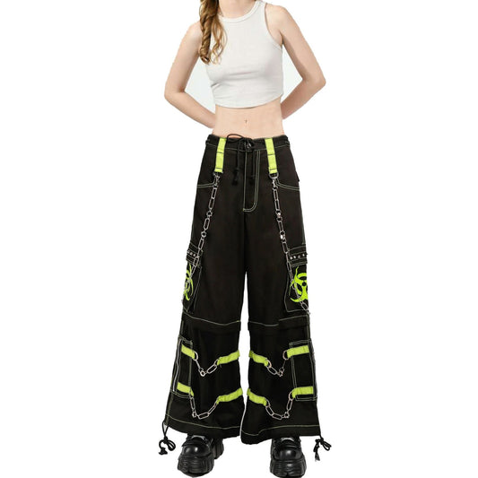 Womens Gothic Black Lime Bondage Reflective Biohazard Symbol Pant