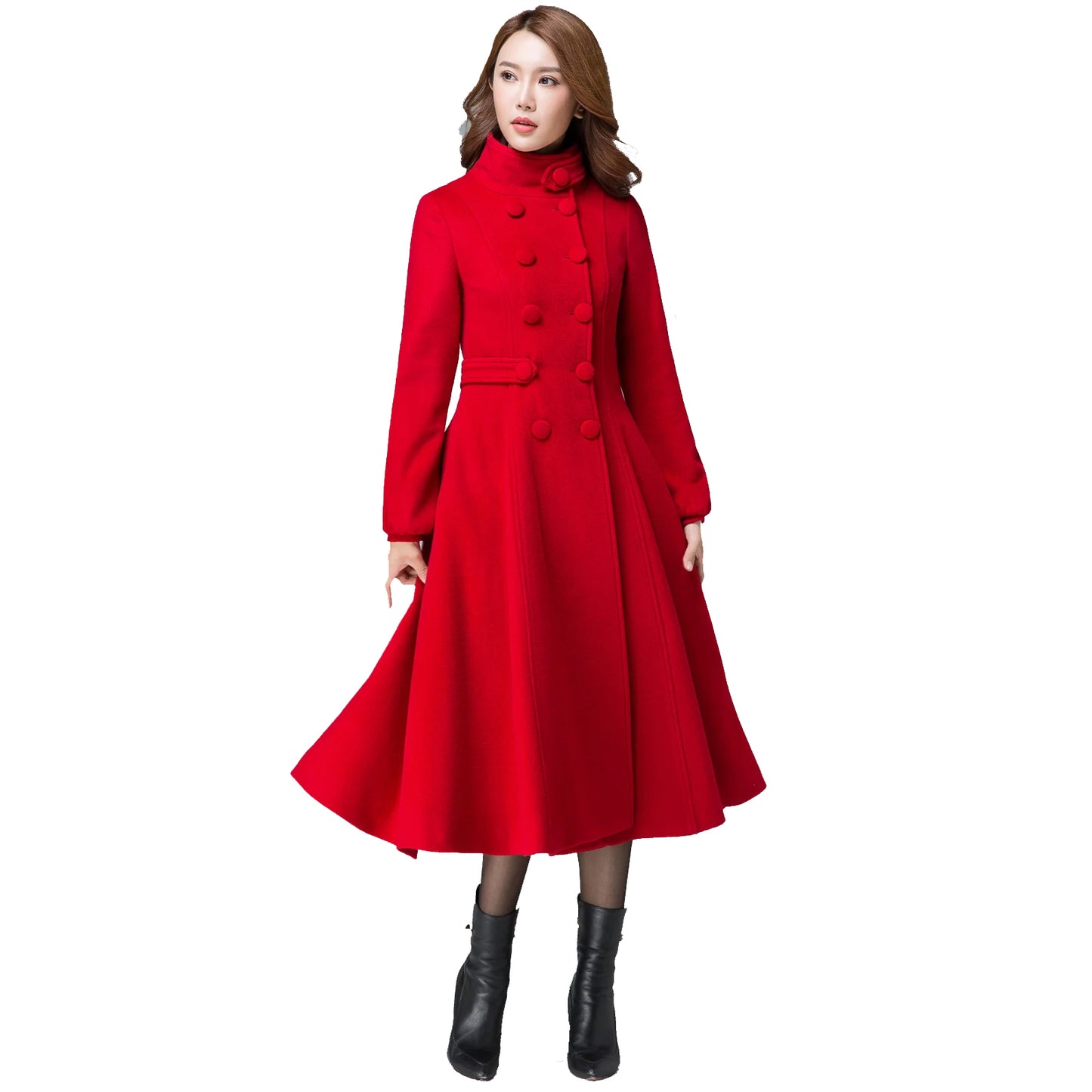 Women's Winter Warm Red Wool Long Fit And Flare Coat