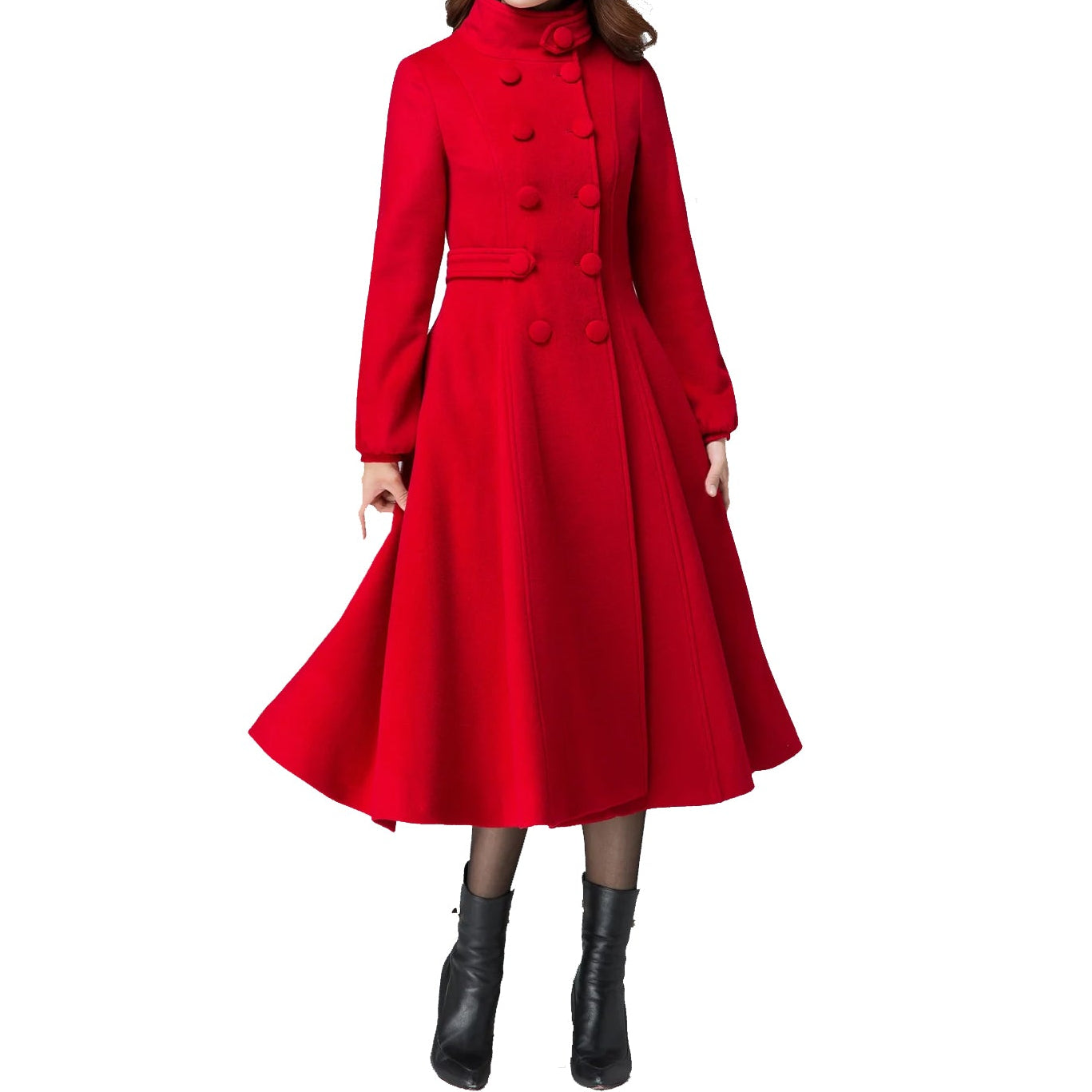 Women's Winter Warm Red Wool Long Fit And Flare Coat