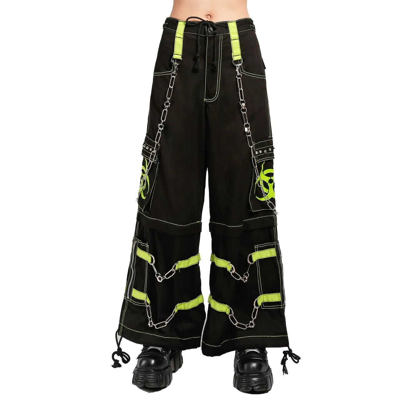 Womens Gothic Black Lime Bondage Reflective Biohazard Symbol Pant