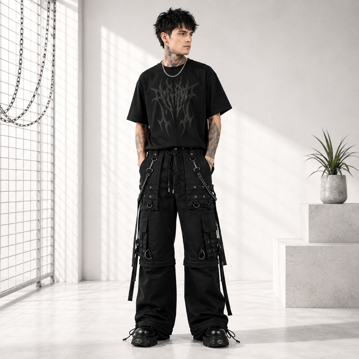 Gothic Bondage Cargo Rock Black Punk Buckle Zips Chain Strap Trousers Emo/ Pants