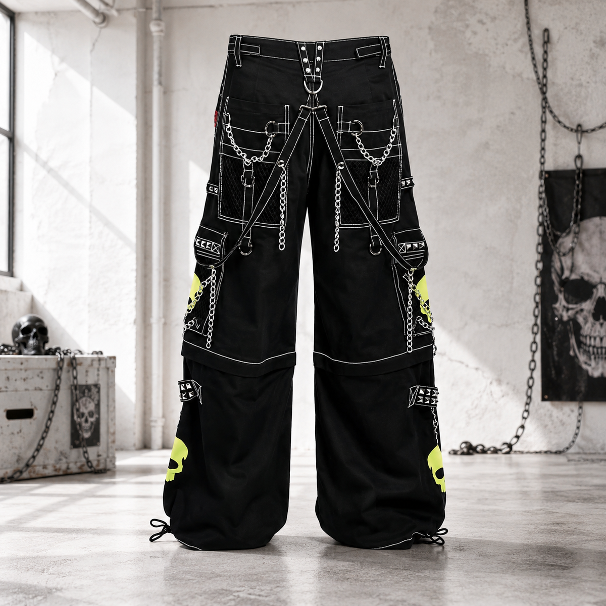 Gothic Bondage Black Lime Big Skull Men Pant Alternative Punk Rock Jeans Emo Trouser Pant Shorts USA