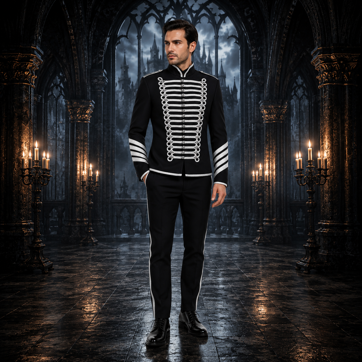 Prime Quality Handmade Men's Gothic Military Hussar Jacket Black Silver/USA