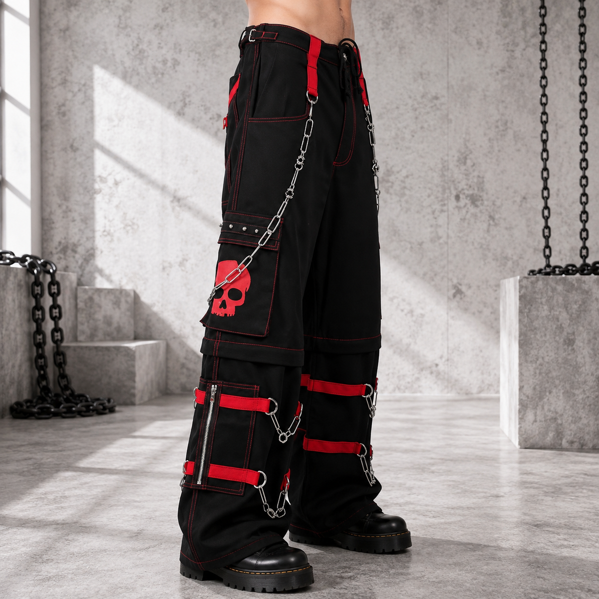 Gothic Bondage Black Skull Zip Off Pants Black Amp Red Alternative Punk Rock Emo Trouser Pant/Usa