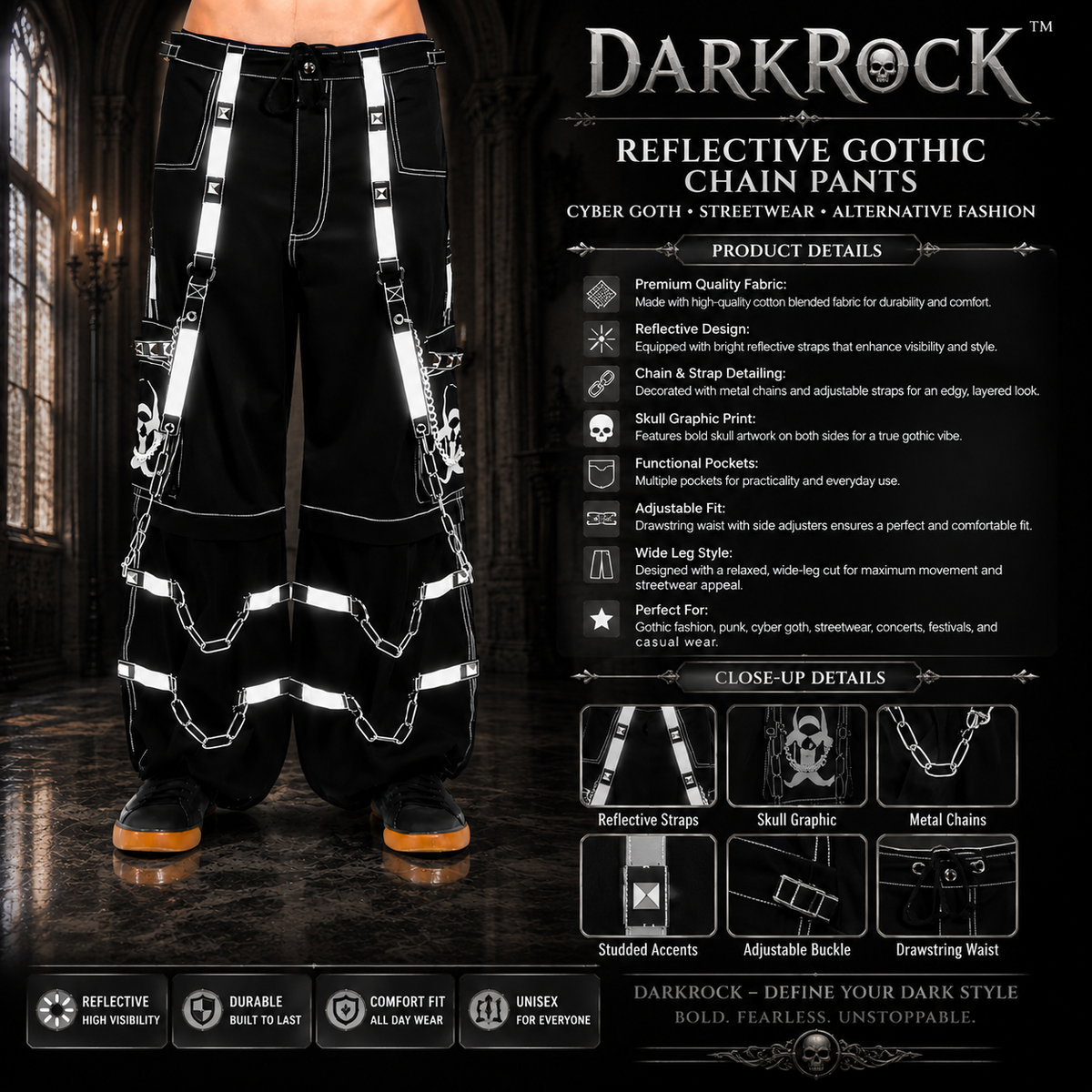 Prime Quality Men Gothic Bondage Reflective Men Street Walker Pant Alternative Punk Rock Emo Trouser Pant Shorts
