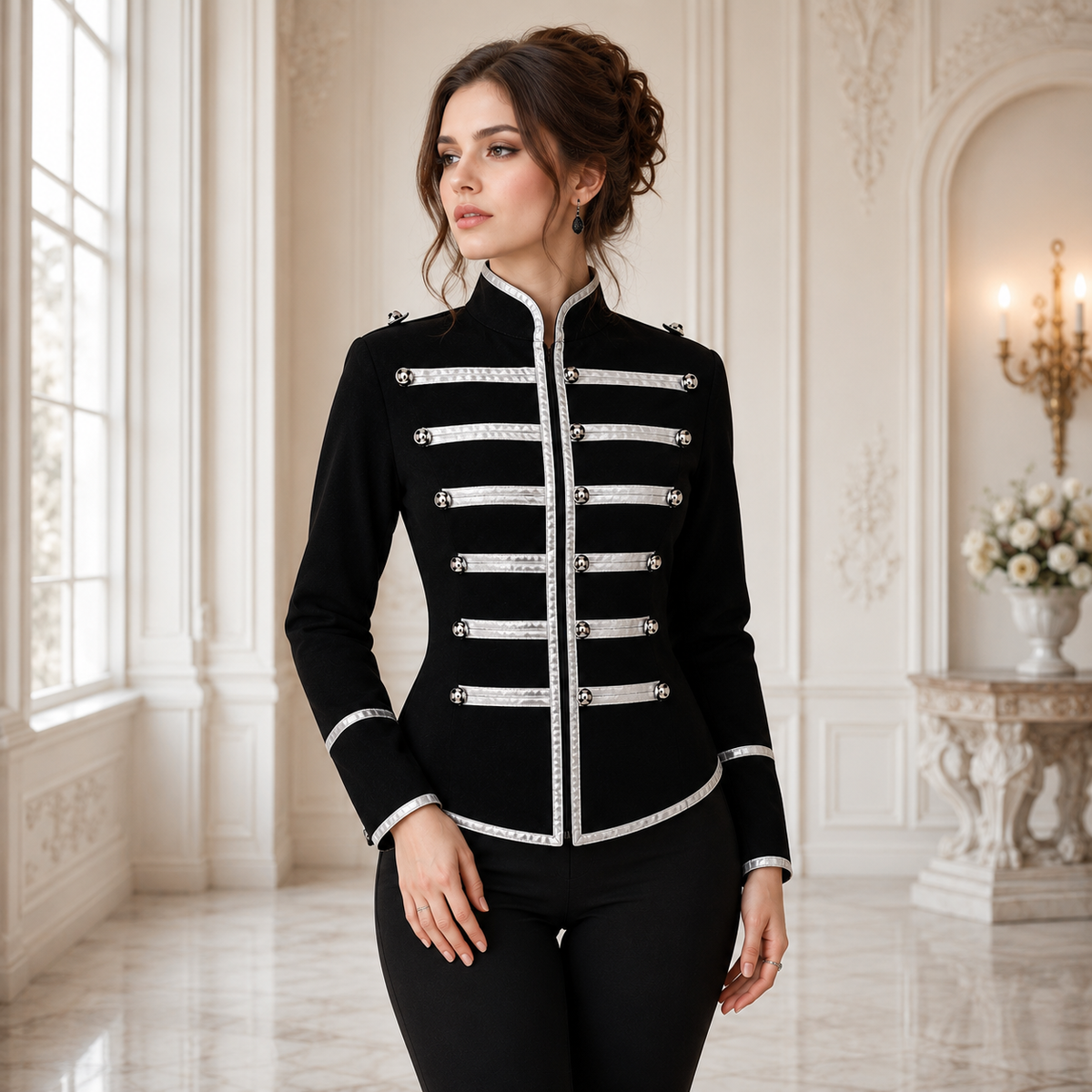 Prime Quality Handmade Women's Black Silver Parade Ladies Jacket Steampunk Military Punk Rock Gothic
