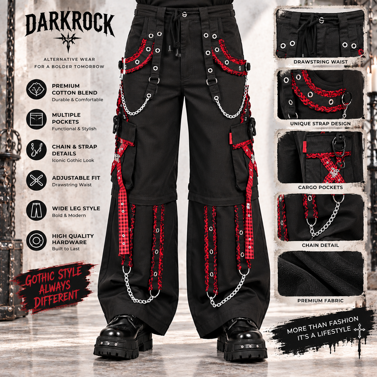 EXTREME BONDAGE GOTHIC PUNK ROCKER CYBER GOTH RED & BLACK STEAMPUNK BIKER PANTS