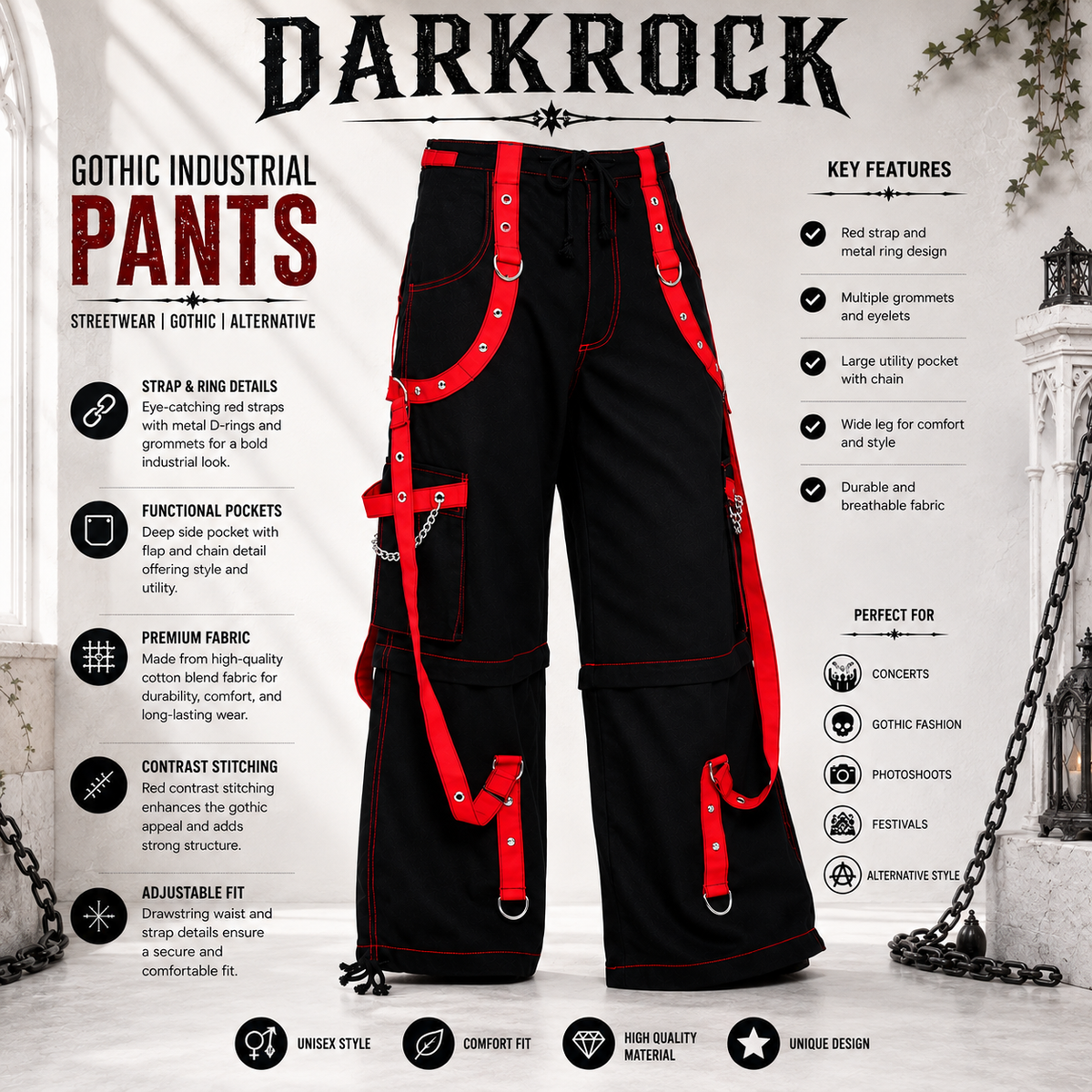 Prime Quality Handmade Gothic Bondage Men Pant Alternative Punk Rock Red/Black Emo Trouser Pant ShortsUSA
